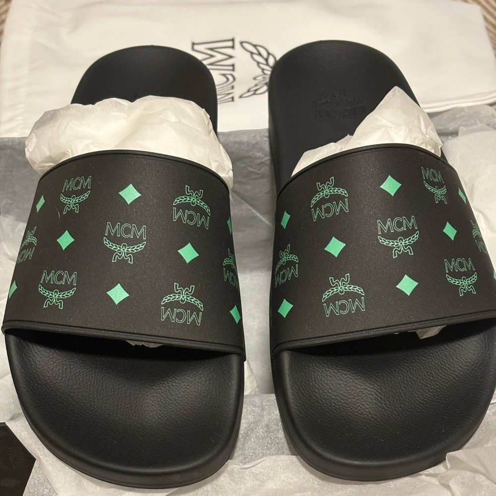 MCM Logo Pool Slides Size 42 Black and Teal